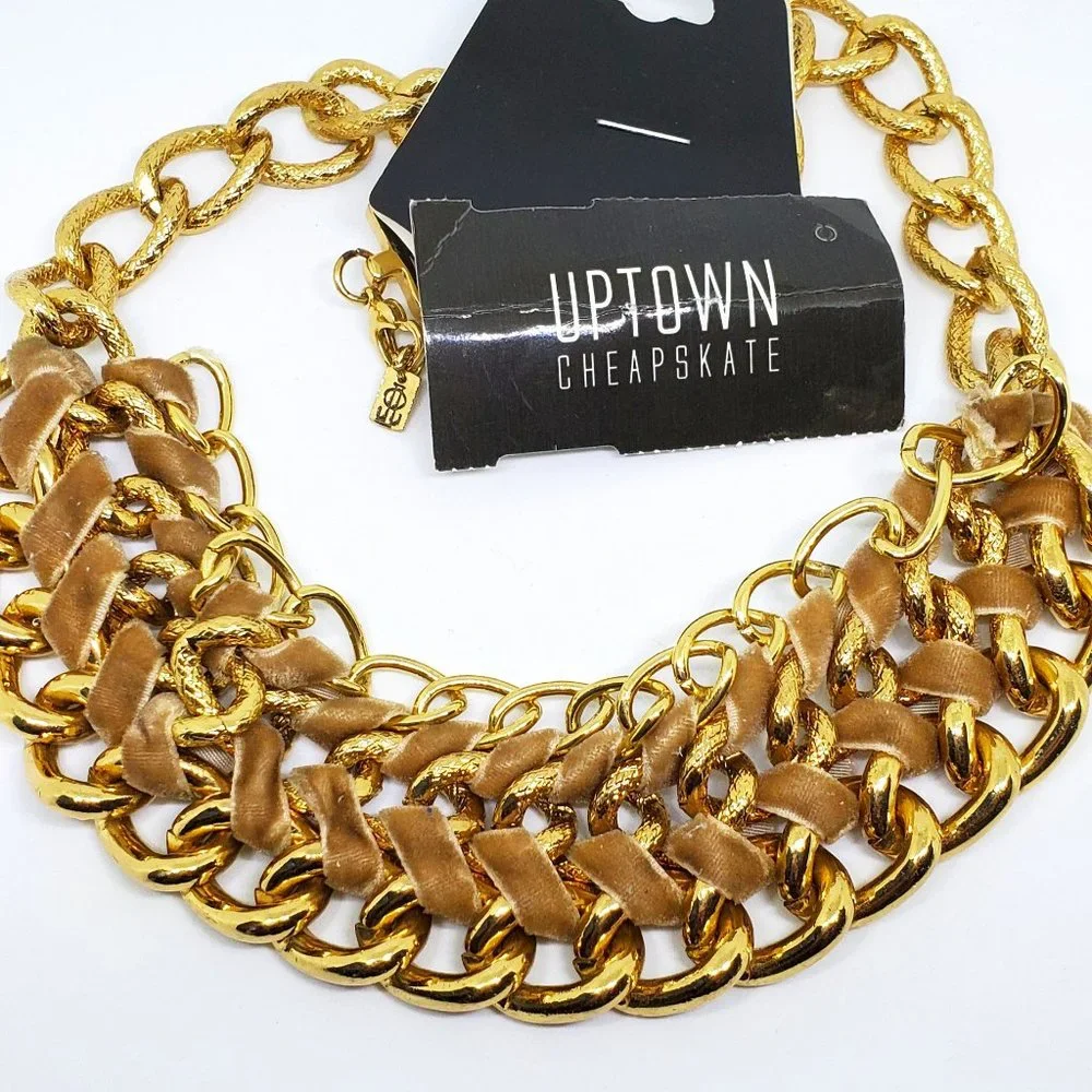 NWT Wide Gold Chain Choker Statement Collar Necklace with Velvet Ribbon Wrap